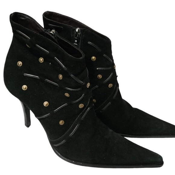 Cesare Paciotti Heroes Black Suede Pointed Toe Studded Ankle Heels Side Zip 37.5 - Picture 1 of 10